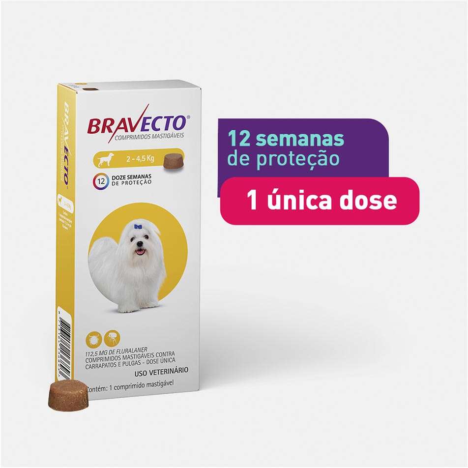Antipulgas e Carrapatos Bravecto 112,5 mg para Cães de 2 a 4,5Kg - 1 Comprimido