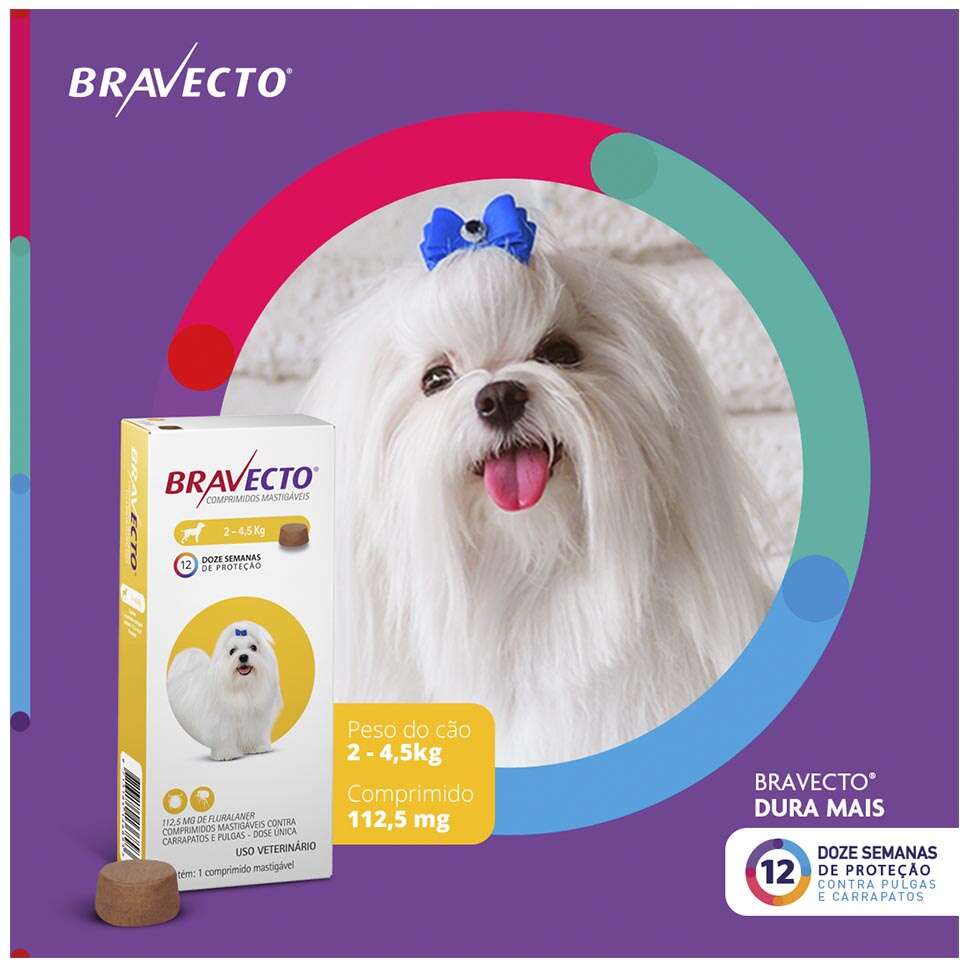 Antipulgas e Carrapatos Bravecto 112,5 mg para Cães de 2 a 4,5Kg - 1 Comprimido