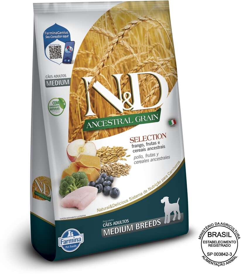 Ração Farmina N&D Ancestral Grain Selection Frango, Frutas e Cereais para Cães Adultos Raças Médias - 15Kg
