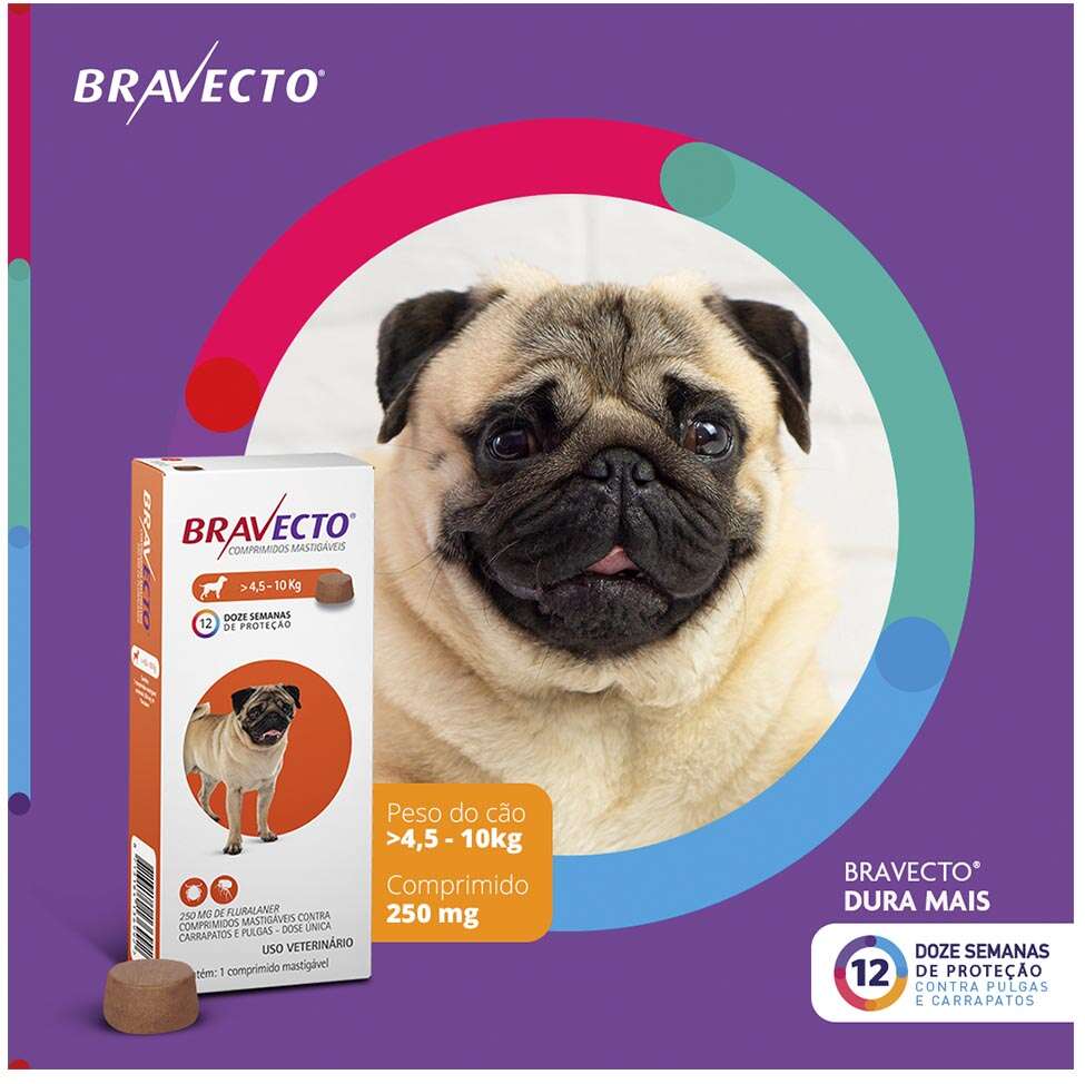 Antipulgas e Carrapatos Bravecto 250 mg para Cães de 4,5 a 10Kg - 1 Comprimido
