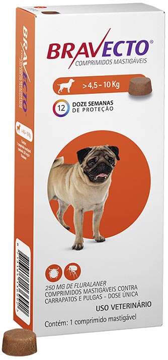 Antipulgas e Carrapatos Bravecto 250 mg para Cães de 4,5 a 10Kg - 1 Comprimido