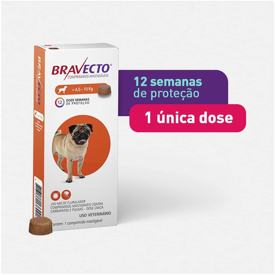 Antipulgas e Carrapatos Bravecto 250 mg para Cães de 4,5 a 10Kg - 1 Comprimido