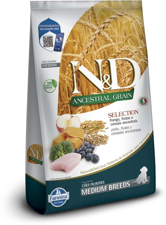 Ração Farmina N&D Ancestral Grain Selection Frango, Frutas e Cereais para Cães Filhotes Raças Médias - 15Kg