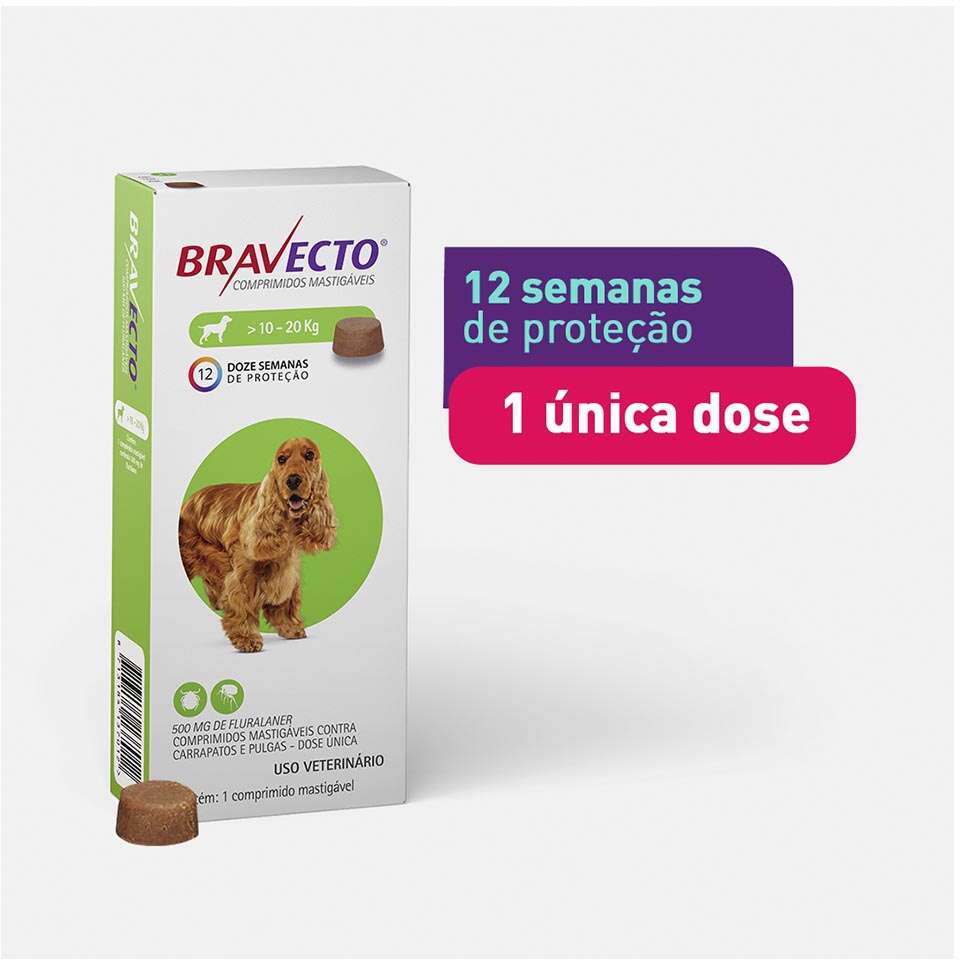 Antipulgas e Carrapatos Bravecto 500 mg para Cães de 10 a 20Kg - 1 Comprimido