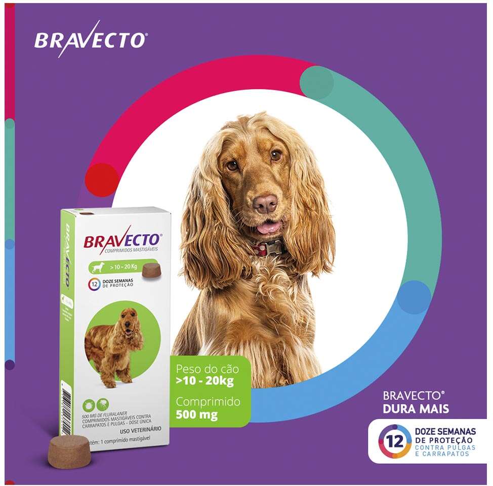 Antipulgas e Carrapatos Bravecto 500 mg para Cães de 10 a 20Kg - 1 Comprimido