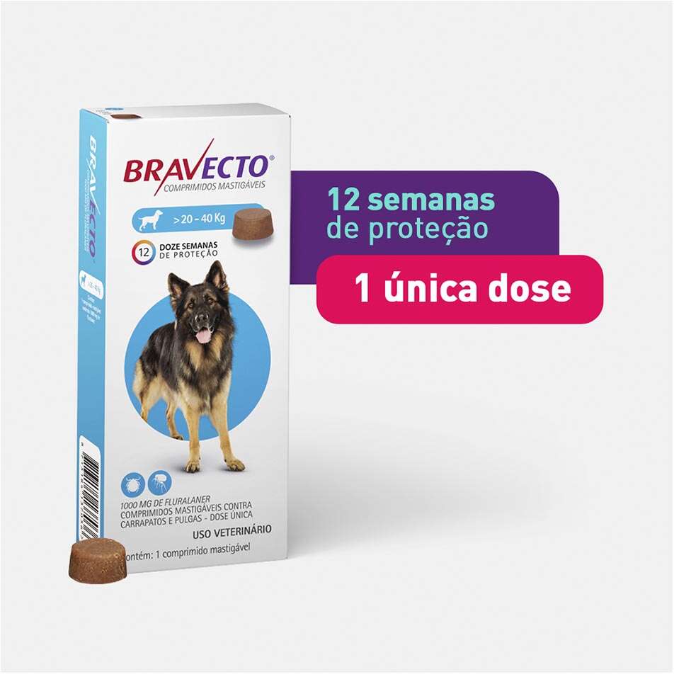 Antipulgas e Carrapatos Bravecto 1000 mg para Cães de 20 a 40Kg - 1 Comprimido