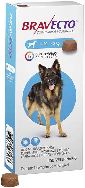 Antipulgas e Carrapatos Bravecto 1000 mg para Cães de 20 a 40Kg - 1 Comprimido