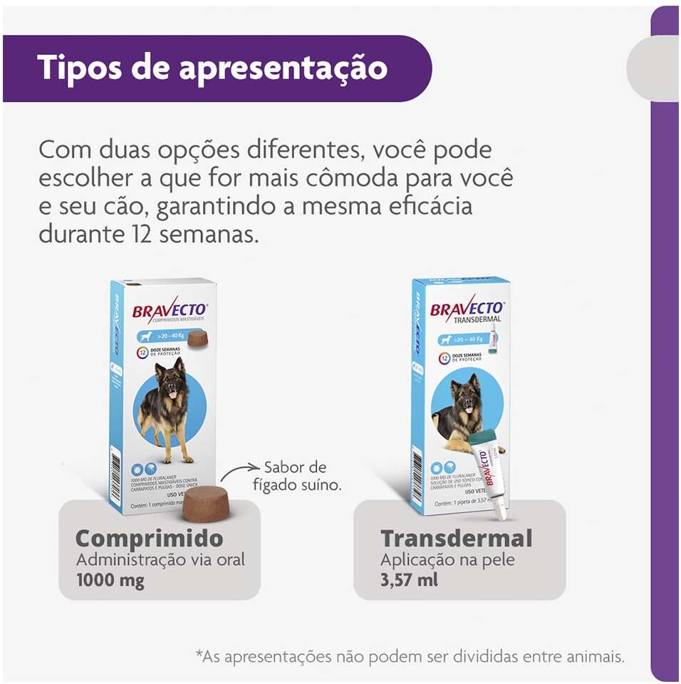 Antipulgas e Carrapatos Bravecto 1000 mg para Cães de 20 a 40Kg - 1 Comprimido
