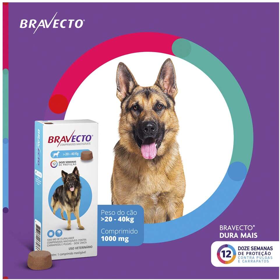 Antipulgas e Carrapatos Bravecto 1000 mg para Cães de 20 a 40Kg - 1 Comprimido
