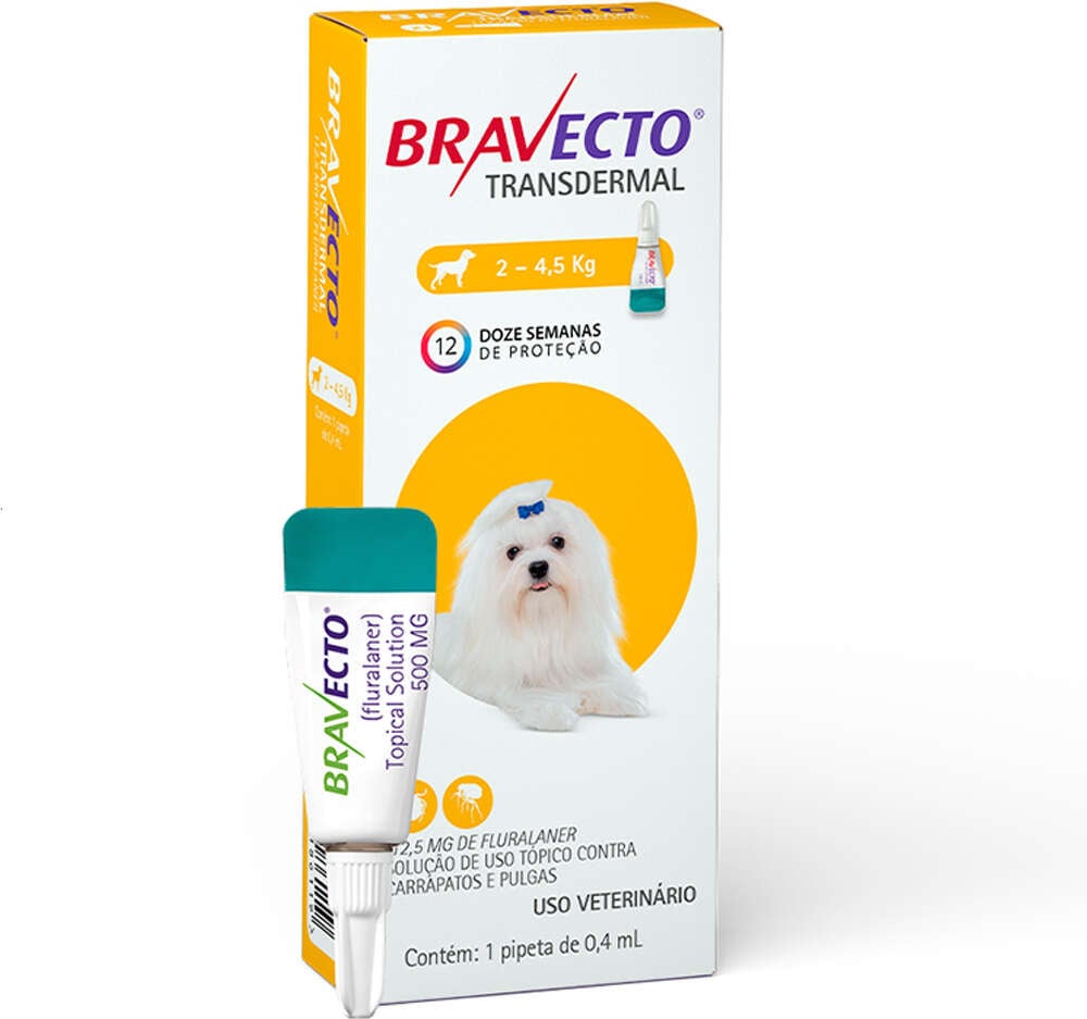 Antipulgas e Carrapatos Bravecto Transdermal 112,5 mg para Cães de 2 a 4,5Kg - 1 Pipeta