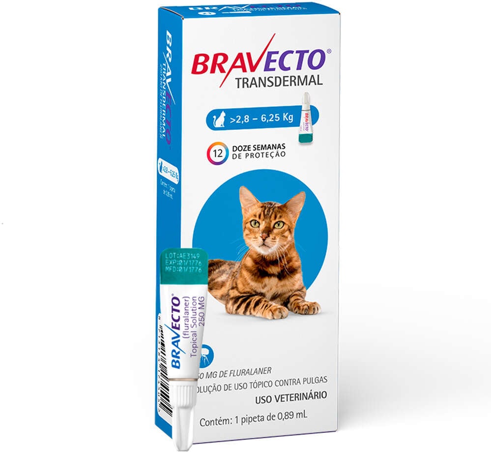 Antipulgas Bravecto Transdermal 250 mg para Gatos de 2,8 a 6,25Kg - 1 Pipeta