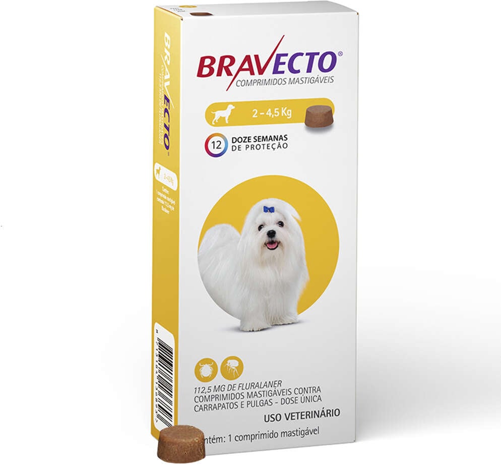 Antipulgas e Carrapatos Bravecto 112,5 mg para Cães de 2 a 4,5Kg - 1 Comprimido
