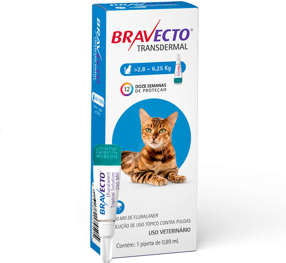 Antipulgas Bravecto Transdermal 250 mg para Gatos de 2,8 a 6,25Kg - 1 Pipeta