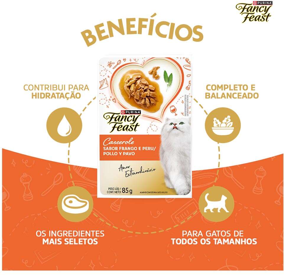Racão Úmida Nestlé Purina Fancy Feast Sachê Casserole com Frango e Peru para Gatos Adultos - 85 g