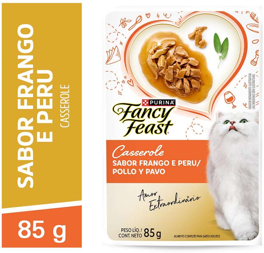 Racão Úmida Nestlé Purina Fancy Feast Sachê Casserole com Frango e Peru para Gatos Adultos - 85 g