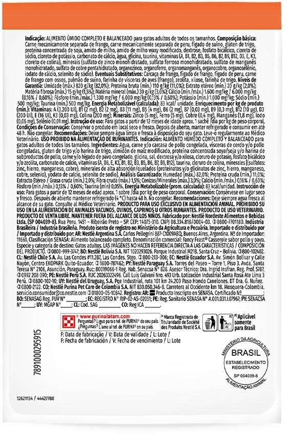 Racão Úmida Nestlé Purina Fancy Feast Sachê Casserole com Frango e Peru para Gatos Adultos - 85 g
