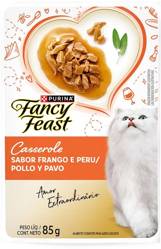 Racão Úmida Nestlé Purina Fancy Feast Sachê Casserole com Frango e Peru para Gatos Adultos - 85 g
