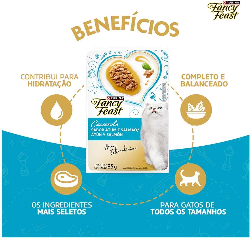 Ração Úmida Nestlé Purina Fancy Feast Sachê Casserole com Atum e Salmão para Gatos Adultos - 85 g