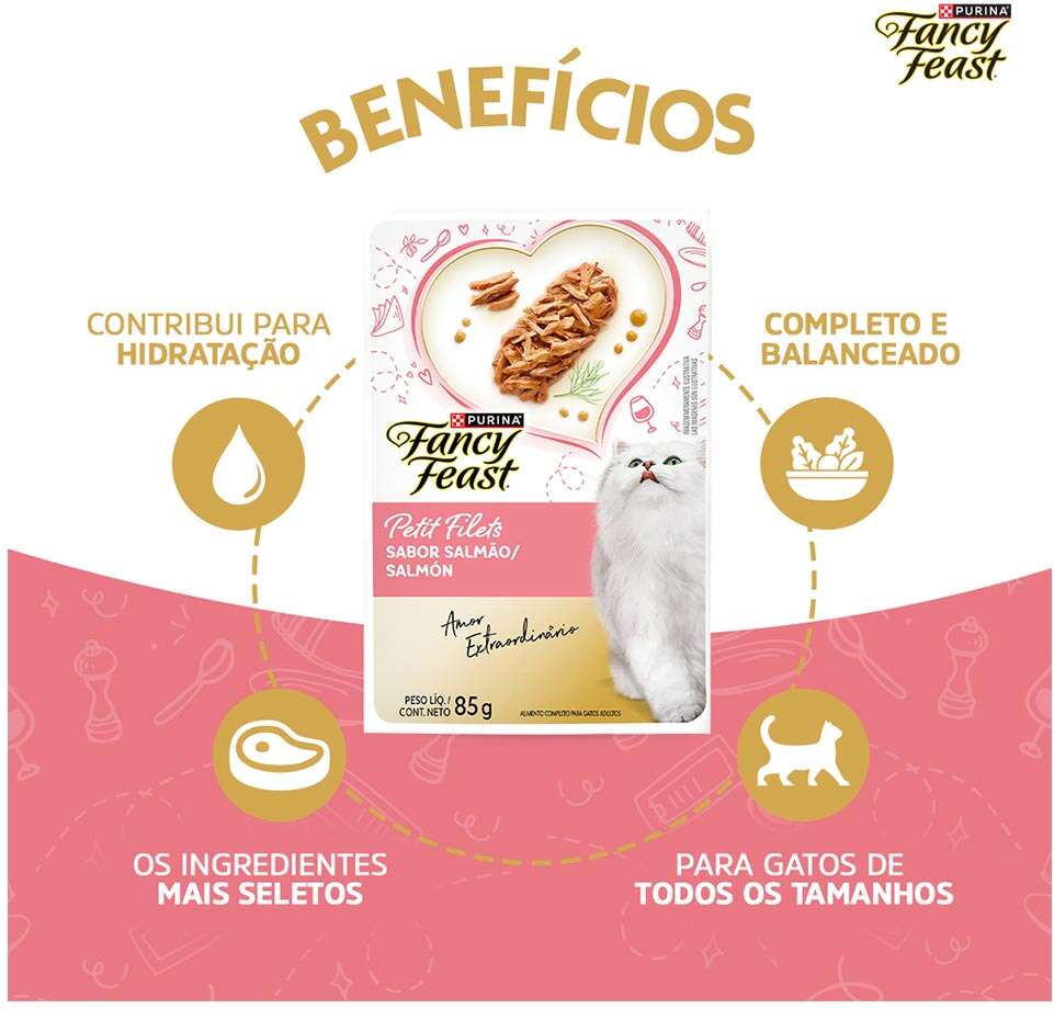 Racão Úmida Nestlé Purina Fancy Feast Sachê Petit Filets com Salmão para Gatos Adultos - 85 g