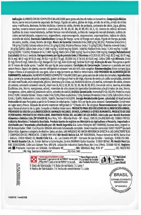 Racão Úmida Nestlé Purina Fancy Feast Sachê Goulash com Atum para Gatos Adultos - 85 g - 45 Unidades