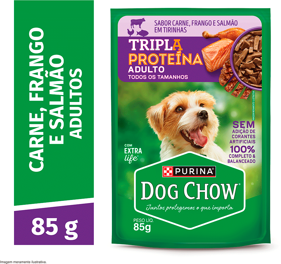 Ração Úmida Tripla Proteína Purina Dog Chow para Cães Adultos sabor Carne, Frango e Salmão - 85 g