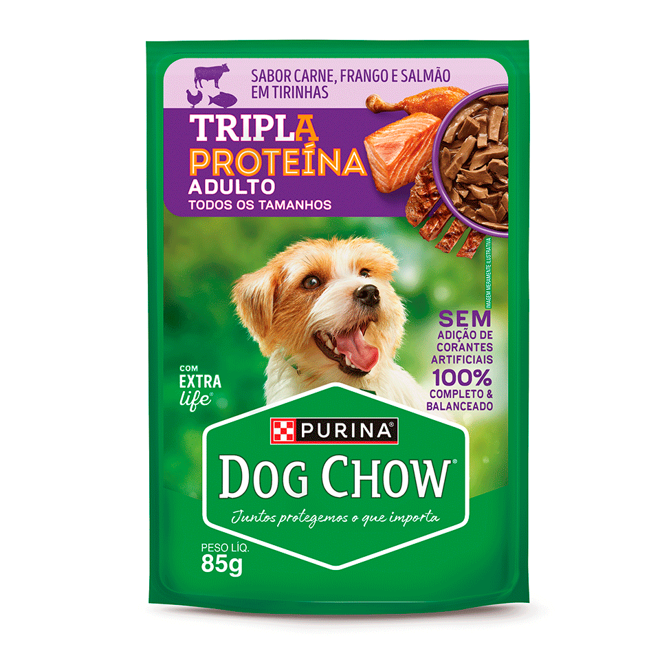 Ração Úmida Tripla Proteína Purina Dog Chow para Cães Adultos sabor Carne, Frango e Salmão - 85 g