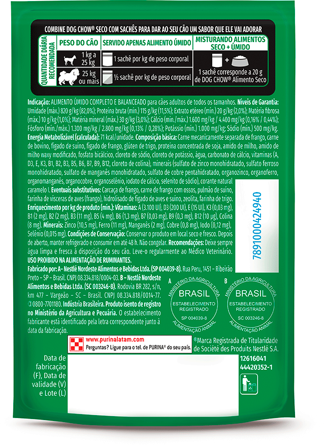 Ração Úmida Alta Proteína Purina Dog Chow para Cães Adultos sabor Carne, Porco e Frango - 85 g