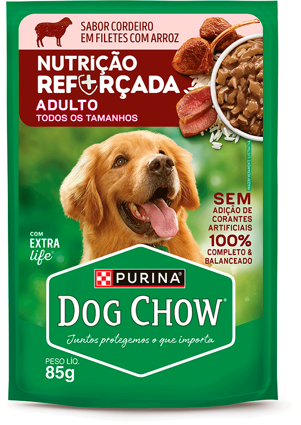 Ração Úmida Nutrição Reforçada Purina Dog Chow para Cães Adultos sabor Cordeiro em Filetes com Arroz - 85 g