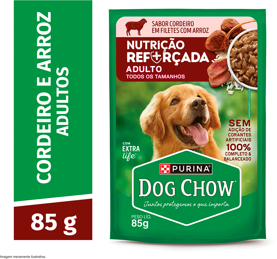 Ração Úmida Nutrição Reforçada Purina Dog Chow para Cães Adultos sabor Cordeiro em Filetes com Arroz - 85 g