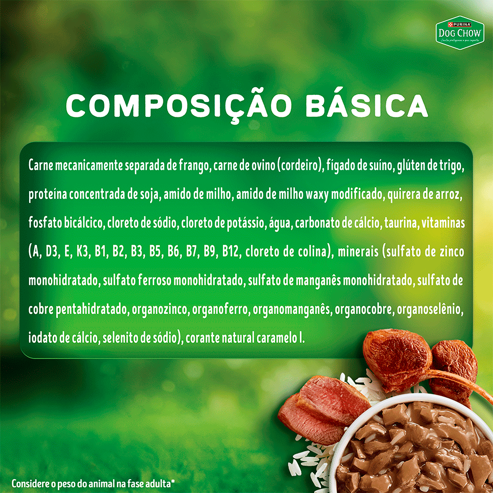 Ração Úmida Nutrição Reforçada Purina Dog Chow para Cães Adultos sabor Cordeiro em Filetes com Arroz - 85 g