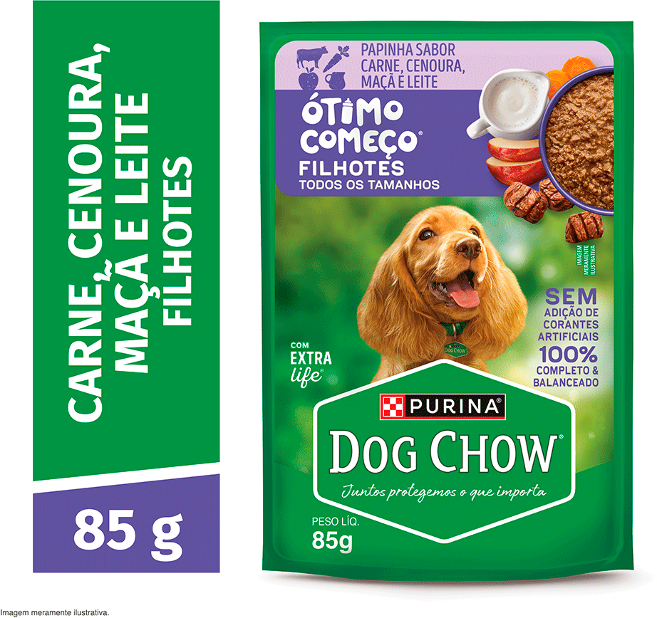 Ração Úmida Ótimo Começo Purina Dog Chow para Cães Filhotes Papinha sabor Carne, Cenoura, Maçã e Leite - 85 g