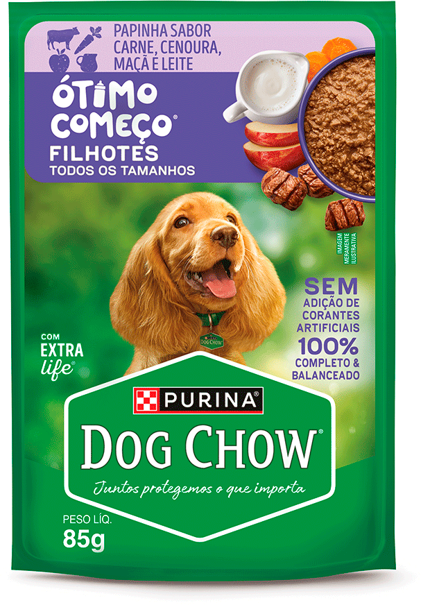 Ração Úmida Ótimo Começo Purina Dog Chow para Cães Filhotes Papinha sabor Carne, Cenoura, Maçã e Leite - 85 g