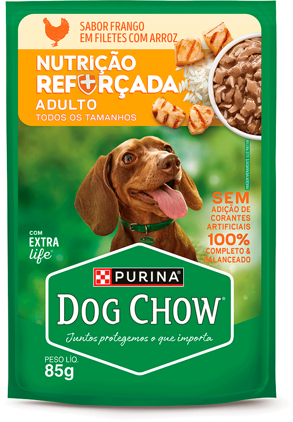 Ração Úmida Nutrição Reforçada Purina Dog Chow para Cães Adultos sabor Frango em Filetes com Arroz - 85 g