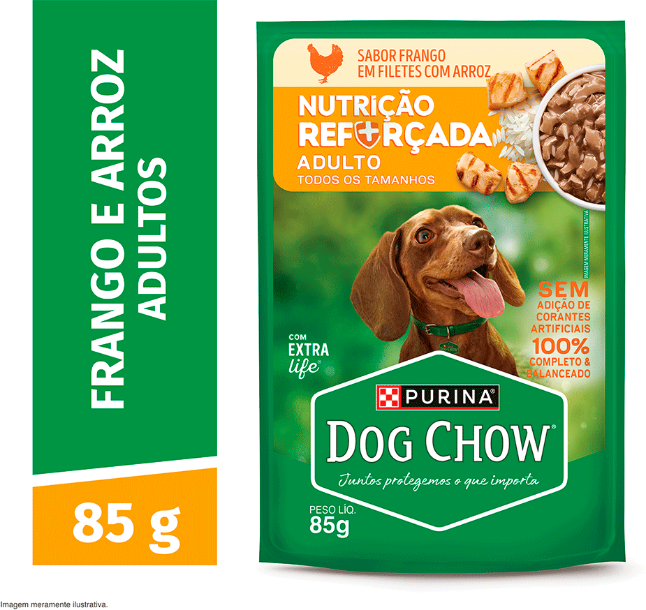 Ração Úmida Nutrição Reforçada Purina Dog Chow para Cães Adultos sabor Frango em Filetes com Arroz - 85 g