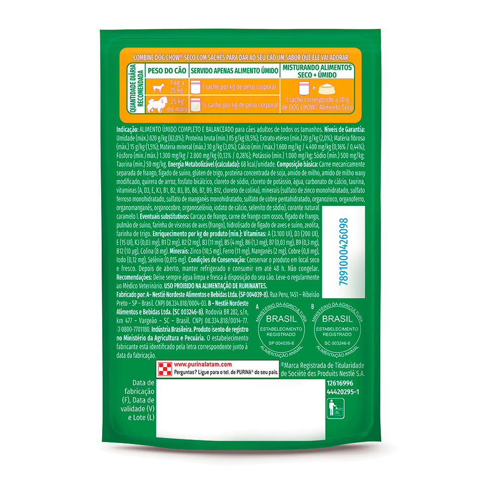 Ração Úmida Nutrição Reforçada Purina Dog Chow para Cães Adultos sabor Frango em Filetes com Arroz - 85 g