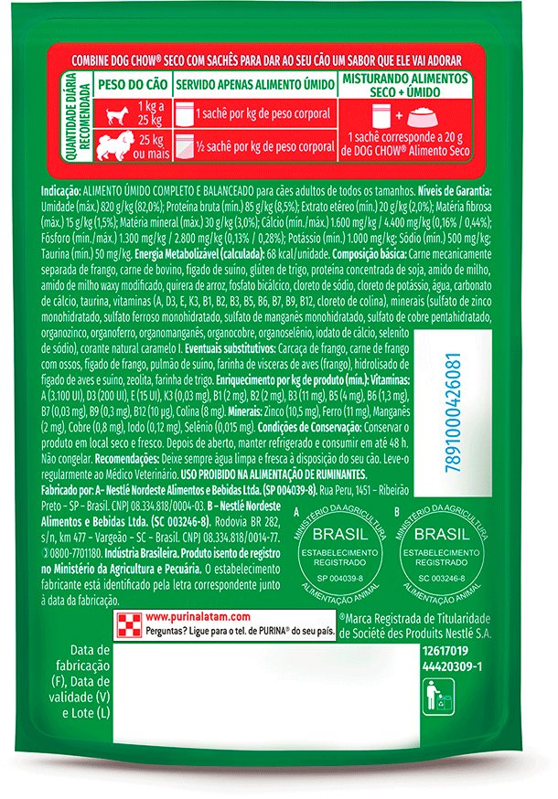 Ração Úmida Nutrição Reforçada Purina Dog Chow para Cães Adultos sabor Carne em Filetes com Arroz - 85 g