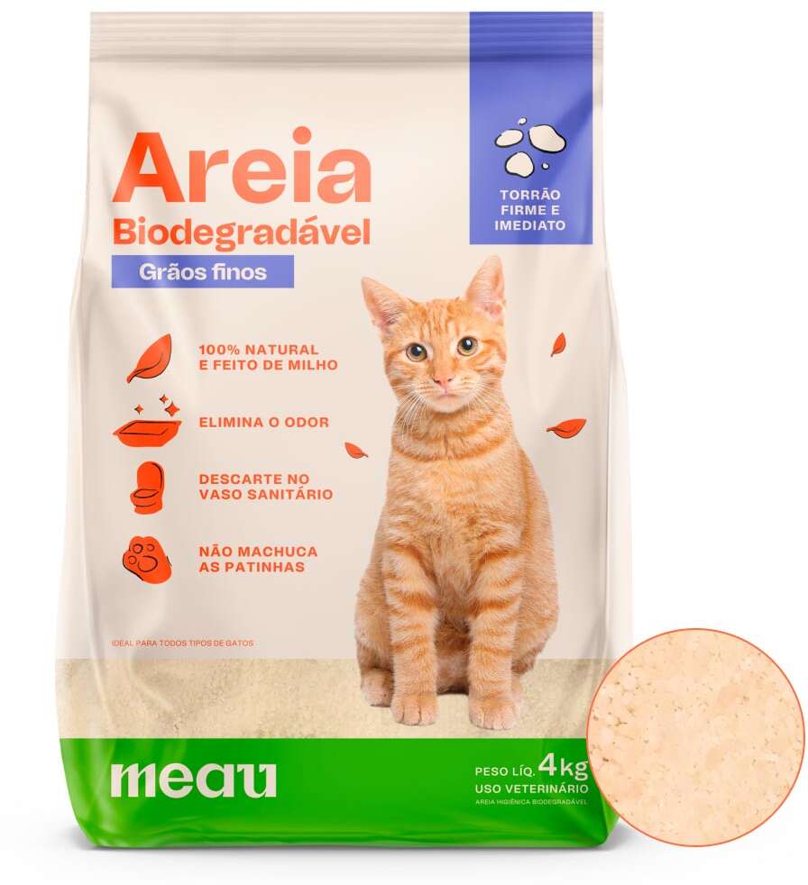 Areia Higiênica Meau Biodegradável Grãos Finos para Gatos - 4Kg