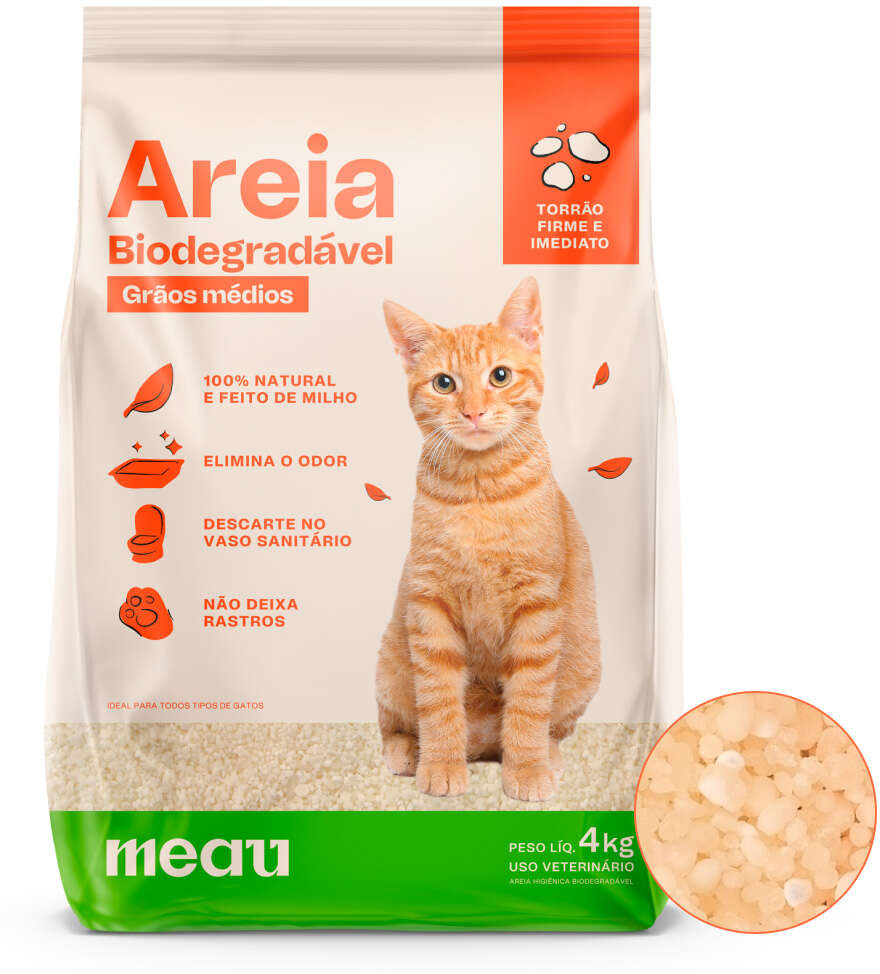 Areia Higiênica Meau Biodegradável Grãos Médios para Gatos - 4Kg