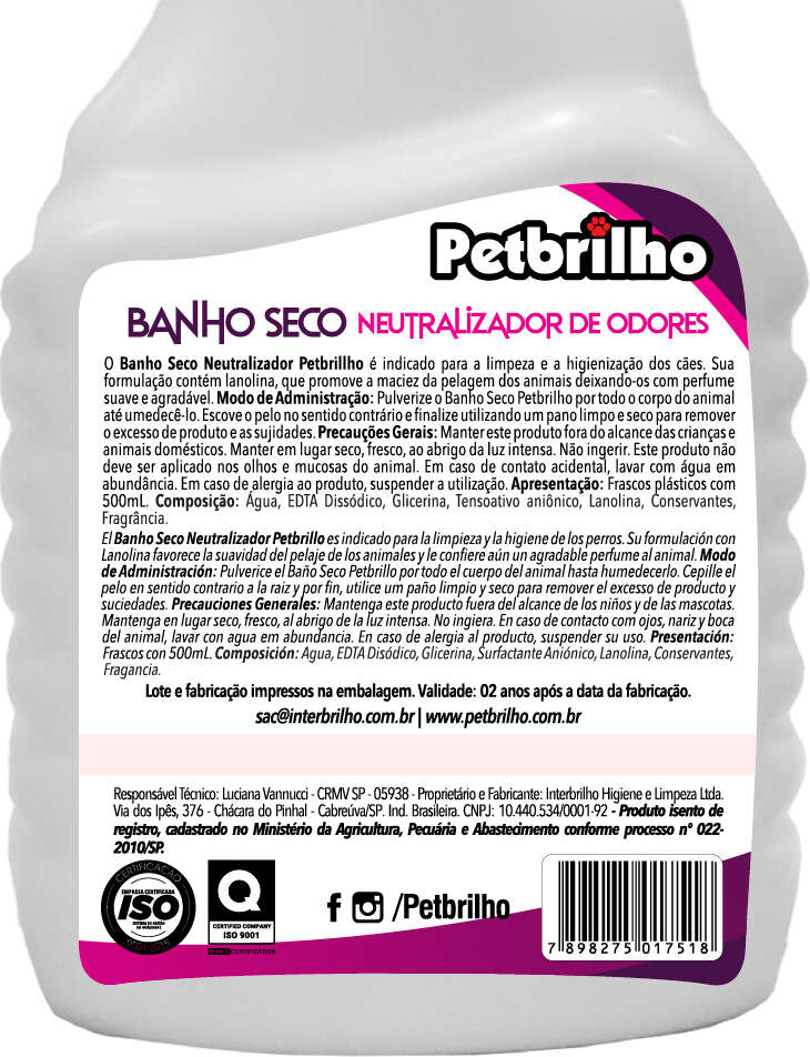 Banho a Seco Petbrilho Neutralizador de Odores para Cães e Gatos - 500 mL