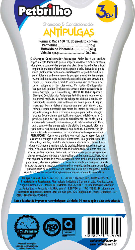 Shampoo e Condicionador Petbrilho Antipulgas 3 em 1 - 500 mL