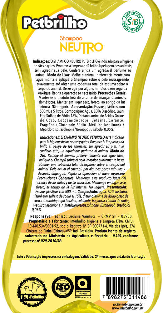 Shampoo Petbrilho Neutro - 500 mL
