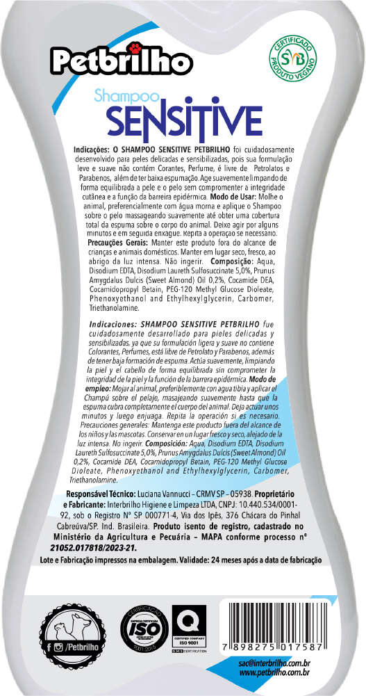 Shampoo Petbrilho Sensitive para Cães e Gatos - 500 mL
