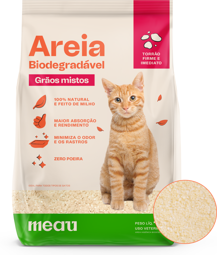 Areia Higiênica Meau Biodegradável Grãos Mistos para Gatos - 4Kg