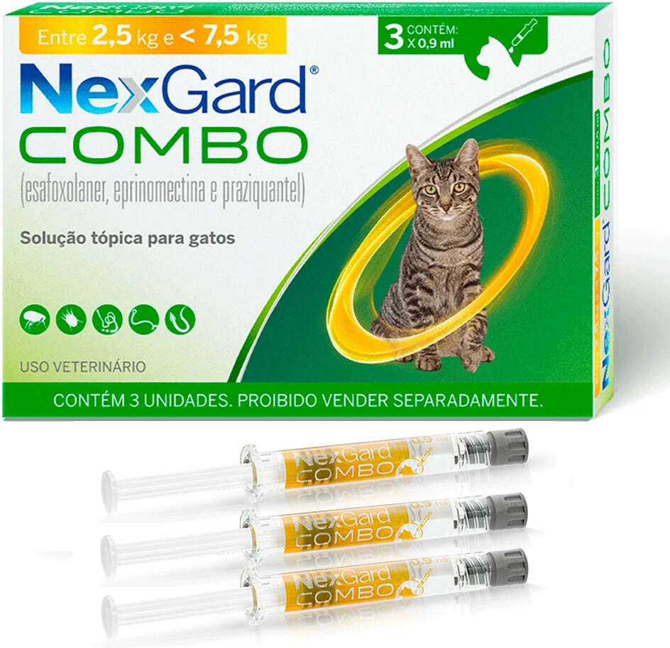 Antiparasitário NexGard Combo 10,8 mg para Gatos de 2,5 a 7,5Kg - 3 Pipetas