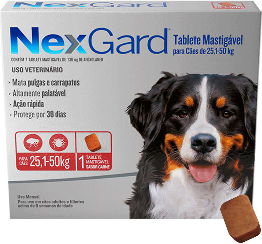 Antipulgas e Carrapatos NexGard 136 mg para Cães de 25,1 a 50Kg - 1 Comprimido