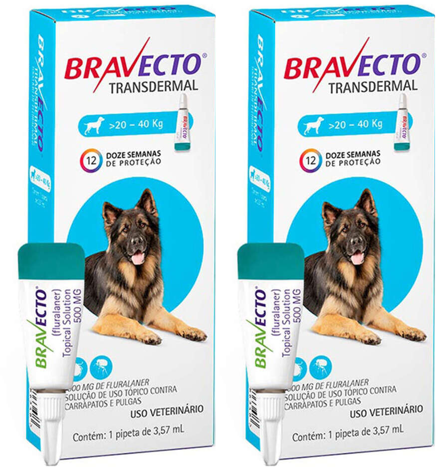 Antipulgas e Carrapatos Bravecto Transdermal 1000 mg para Cães de 20 a 40Kg - 2 Caixas (2 Pipetas)