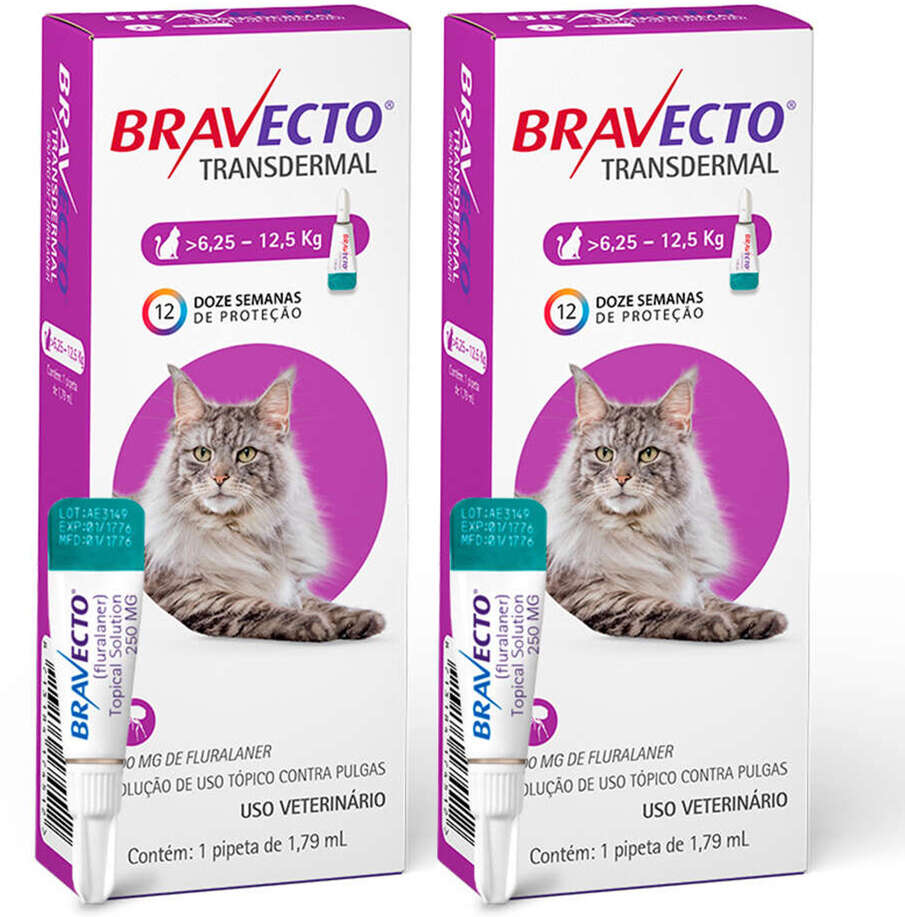 Antipulgas 500 mg Bravecto Transdermal para Gatos de 6,25 a 12,5Kg - 2 Caixas (2 Pipetas)