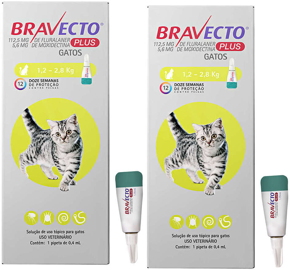 Antipulgas Bravecto Transdermal Plus 112,5 mg para Gatos de 1,2 a 2,8Kg - 2 Caixas (2 Pipetas)