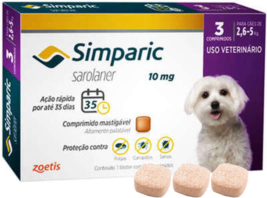 Antipulgas Zoetis Simparic 10 mg para Cães 2,6 a 5Kg - 3 Comprimidos