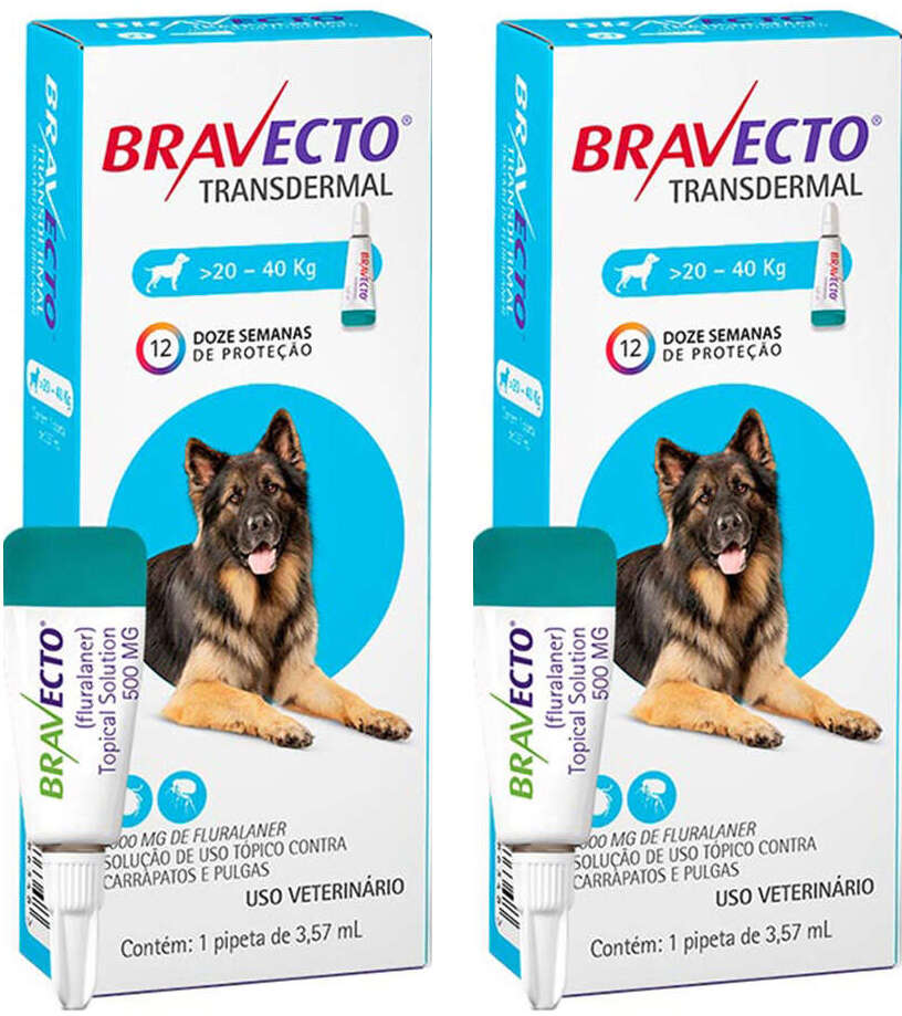 Antipulgas e Carrapatos Bravecto Transdermal 1000 mg para Cães de 20 a 40Kg - 2 Caixas (2 Pipetas)